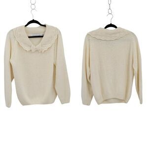 Vintage 80's Sweater Angora Silk Scalloped Beaded Bow Shawl Collar Vanilla M